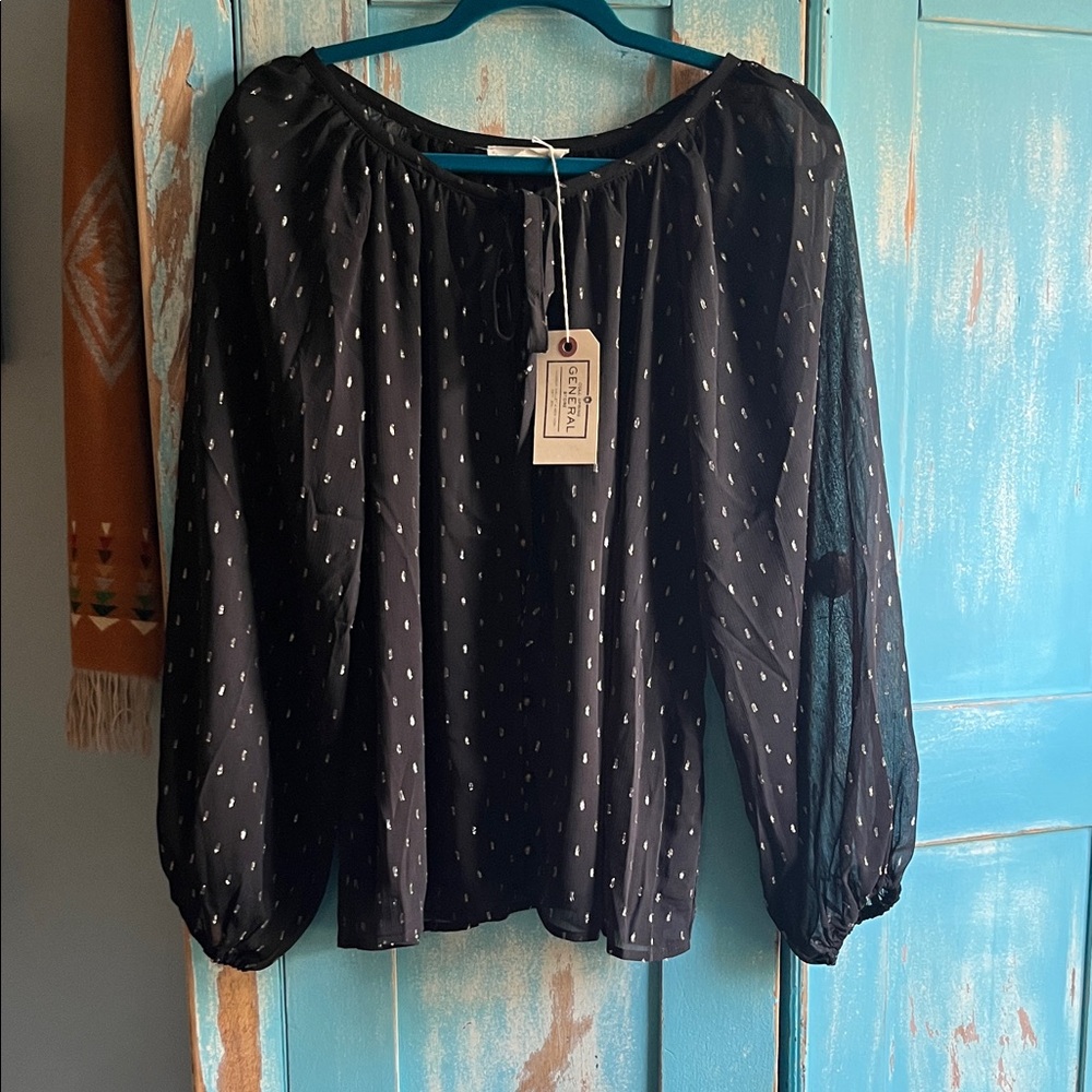 By Together Black Sheer Blouse with White Dots